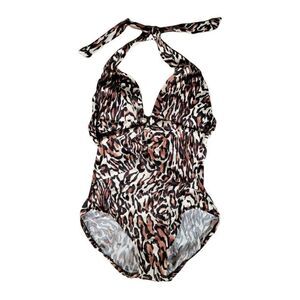 Aqua Green Women's Ring Front Leopard Print One Piece Swimsuit Sz M